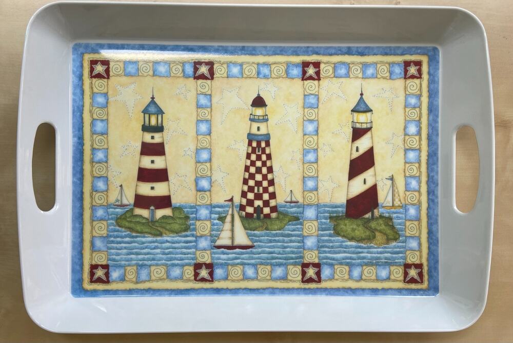 Vtg Precidio Americana Lighthouse & Coastal Folk Art 18" Plastic Serving Tray